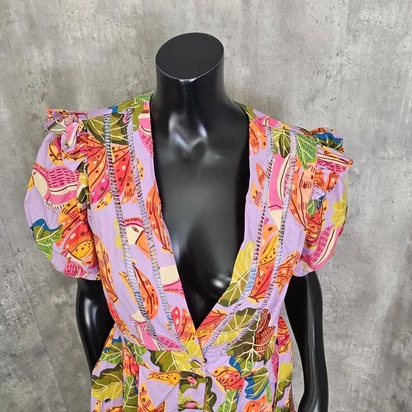 FARM Rio Lilac Beaks & Bananas Romper Puff Sleeve Belted M NWT - Picture 3 of 13
